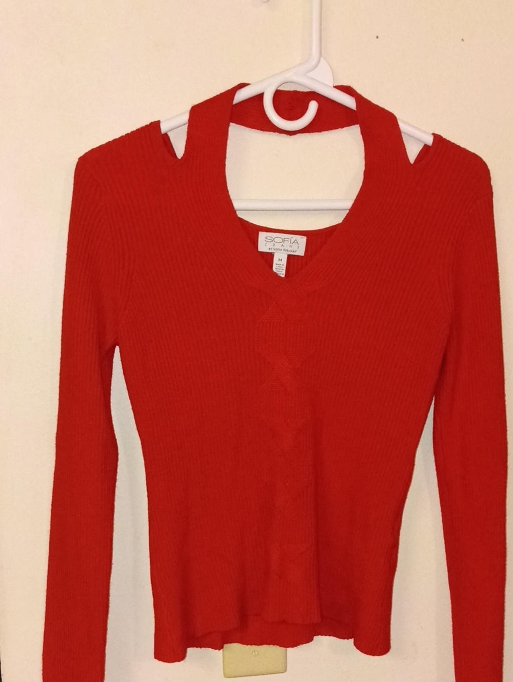 Sofia Red Ribbed Cutout Shoulder Sweater Size Medium